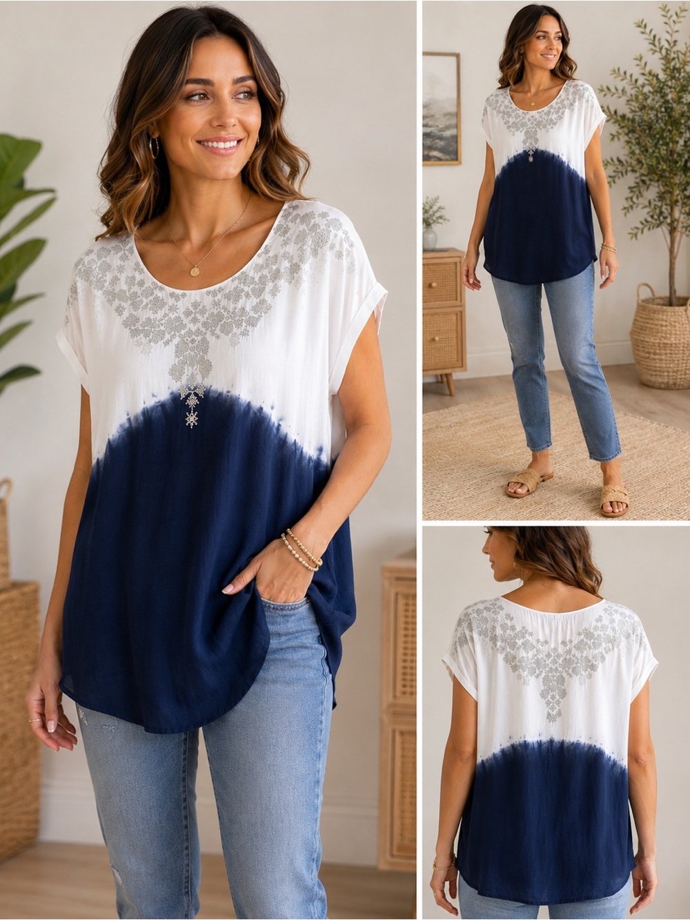 Floreat Anthropologie Blouse Size Medium Embroidered Blue White Dip Dye Boho Top